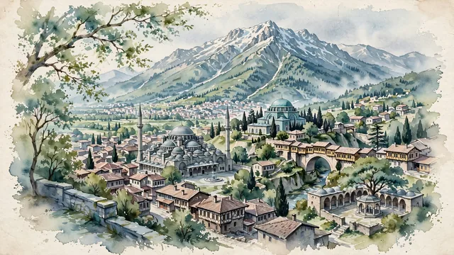 Watercolour of Bursa, Turkey. The "Green Bursa" (Yeşil Bursa) and first major capital of the Ottoman Empire, nestled directly beneath Mount Uludağ, with Grand Mosque of Bursa and Green Mosque.