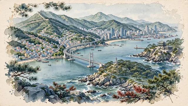 Watercolour of Busan, South Korea. Korea's maritime capital nestled between rugged coastal mountains and the Korea Strait, with Gwangan Bridge and Haedong Yonggungsa Temple.