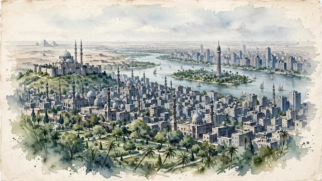 Watercolour of Cairo, Egypt. An immense, dense city spread along both banks of the Nile, with the domes and minarets of historic Islamic Cairo. Featuring Mosque of Muhammad Ali and Sultan Hassan and Al-Rifa'i.
