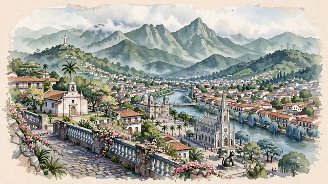 Watercolour of Cali, Colombia. The "Branch of Heaven" (Sucursal del Cielo) and World Capital of Salsa in the Cauca River Valley, with Church of San Antonio and Farallones de Cali.