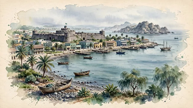 Watercolour of Callao, Peru. The historic maritime gateway of Peru on the Pacific Ocean, with Punta and Monumental Callao.