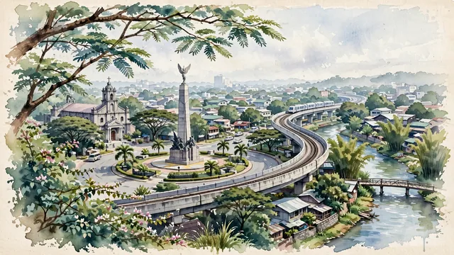 Watercolour of Caloocan, Philippines. The historic "Cradle of the Katipunan" and northern transport gateway of Metro Manila, with Bonifacio Monument and Diocesan Shrine and Parish of Our Lady of Grace.