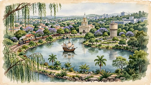 Watercolour of Campinas, Brazil. The historic "Princess of the West" (Princesa d'Oeste) and Silicon Valley of Brazil set in rolling hills, with Lagoa do Taquaral and Metropolitan Cathedral of Campinas.