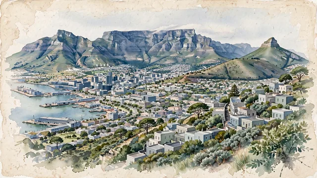 Watercolour of Cape Town, South Africa. The City Bowl cradled between Table Bay and the long, flat-topped wall of Table Mountain, with Table Mountain's and Devil's Peak.