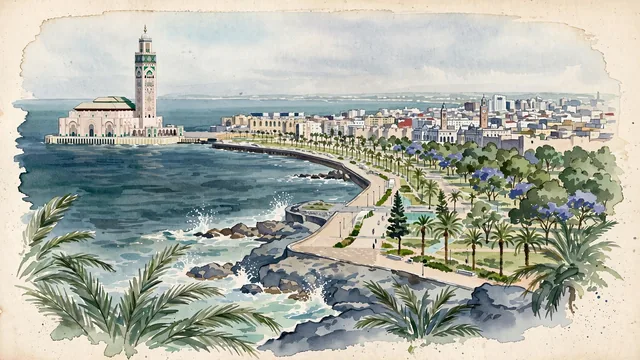 Watercolour of Casablanca, Morocco. The economic engine of Morocco on the Atlantic Ocean, with Hassan II Mosque and Atlantic.
