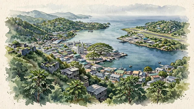 Watercolour of Castries, Saint Lucia. A small capital curved around a deep, sheltered natural harbor, enclosed by steep, lush green hills, with Caribbean Sea and Cathedral Basilica of the Immaculate Conception.