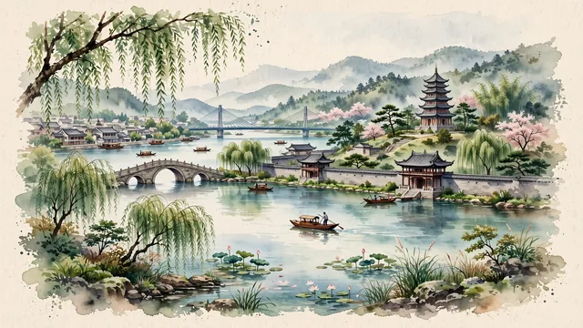 Watercolour of Changde, China. The "Peach Blossom Land" (Taohuayuan) on the Yuan River and Dongting Lake, with Changde Poetry Wall and Liuye Lake.