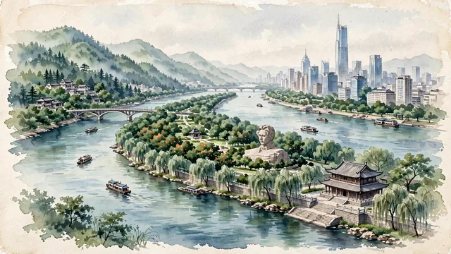Watercolour of Changsha, China. Along the Xiang River beneath Mount Yuelu, with Young Mao Zedong Sculpture and Orange Isle.