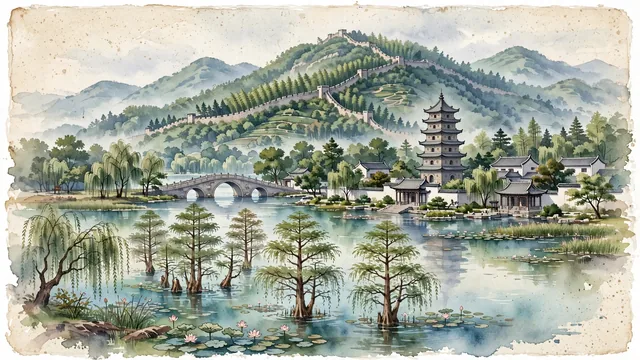 Watercolour of Changshu, China. In the Jiangnan water town region, nestled between Mount Yushan and Shanghu Lake, with Fangta Pagoda and Shanghu Lake.