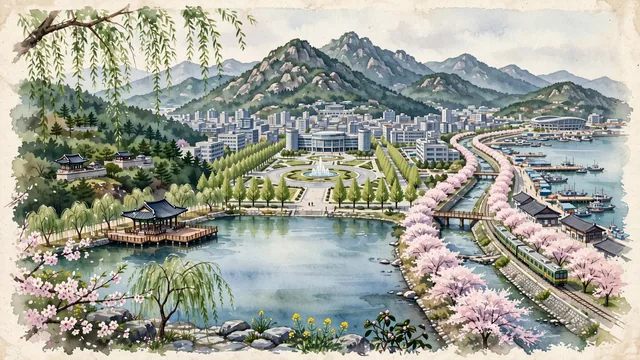 Watercolour of Changwon, South Korea. Korea's premier planned garden and industrial basin city including Jinhae and Masan on Masan Bay, with Yeojwacheon Stream and Yongji Lake Park.