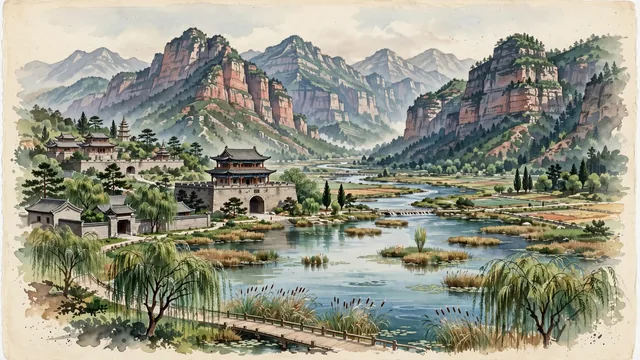 Watercolour of Changzhi, China. The ancient Shangdang basin surrounded by the majestic Taihang Mountains, with Shangdang Gate and Taihang Grand Canyon.