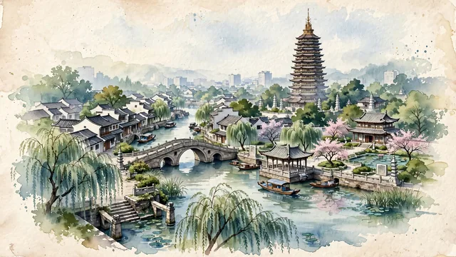 Watercolour of Changzhou, China. Along the Beijing-Hangzhou Grand Canal and Tianning Pagoda, with Tianning Pagoda and Grand Canal.