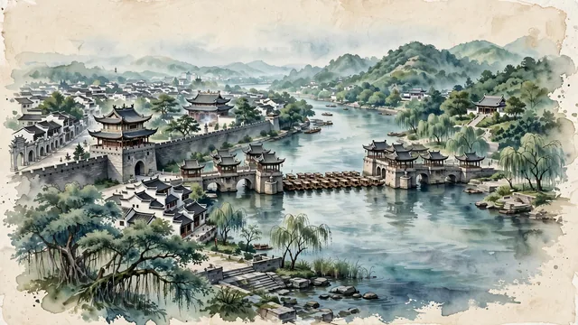 Watercolour of Chaozhou, China. Along the Han River and Guangji Bridge, the spiritual cradle of Chaoshan culture, with Guangji Bridge and Guangji Gate Tower.