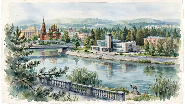 Watercolour of Chelyabinsk, Russia. On the Miass River at the eastern gateway to the Ural Mountains, with Kirovka and State Historical Museum of the Southern Urals.