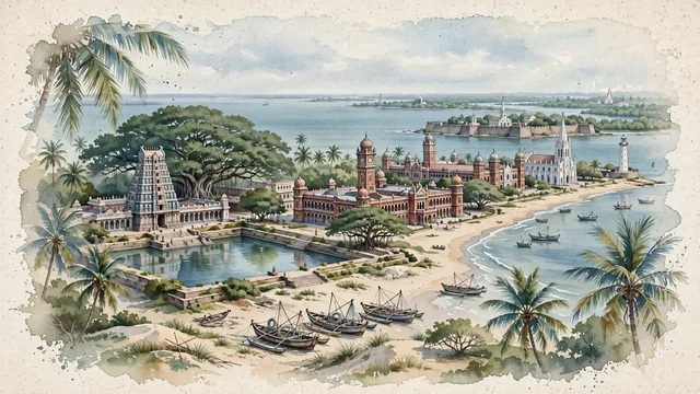Watercolour of Chennai, India. On the Coromandel Coast of the Bay of Bengal, with Kapaleeshwarar Temple and Marina Beach.