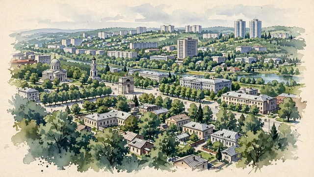 Watercolour of Chișinău, Moldova. A very green city spread over gentle hills along the small Bîc River, its low historic center and wide boulevards set among dense tree canopy, with Cathedral of Christ's Nativity and Arc de Triomphe.