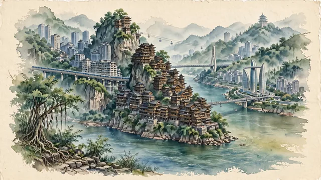Watercolour of Chongqing, China. The 3D "Mountain City" (Shan Cheng) and "Bridge Capital" at the confluence of the Yangtze and Jialing rivers, with Hongyadong and Raffles City Chongqing.