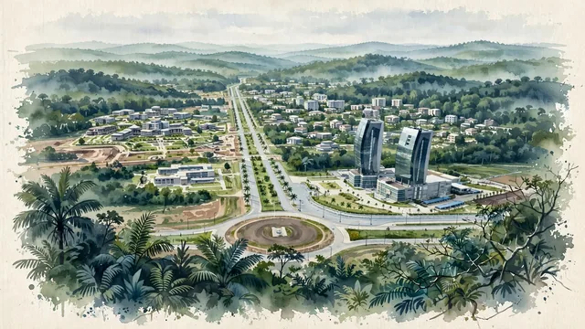 Watercolour of Ciudad de la Paz, Equatorial Guinea. The new planned capital built in the rainforest of mainland Equatorial Guinea, with Grand Hotel Djibloho.