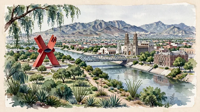 Watercolour of Ciudad Juárez, Mexico. In the Paso del Norte valley along the Rio Grande, with Mission of Our Lady of Guadalupe and Old Customs House.
