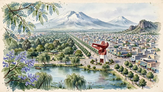 Watercolour of Ciudad Nezahualcóyotl, Mexico. Ciudad Neza situated on the historic bed of Lake Texcoco in the Valley of Mexico, with Coyote's Head and Nezahualcóyotl.