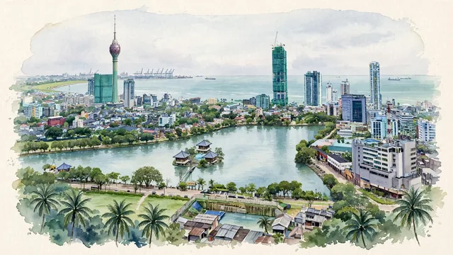 Watercolour of Colombo, Sri Lanka. A flat, low-lying coastal city on the Indian Ocean, wrapped around the calm waters of Beira Lake, with Lotus Tower and Beira Lake.