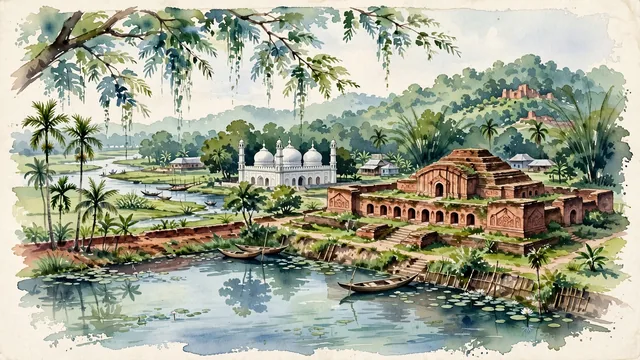 Watercolour of Comilla, Bangladesh. The ancient city of Buddhist archaeological viharas and sacred water tanks (dighis) in the Gomti River basin, with Shalban Vihara and King Dharma Manikya.