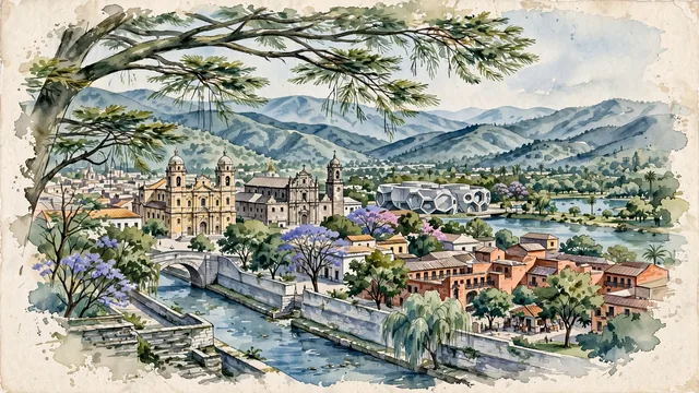 Watercolour of Córdoba, Argentina. "La Docta" (The Learned City) in the foothills of the Sierras de Córdoba, with Cañada and Cathedral of Córdoba.