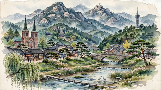Watercolour of Daegu, South Korea. Nestled in its vast mountain basin along the Sincheon Stream and Geumho River, with Mount Palgong and Donghwasa Temple.