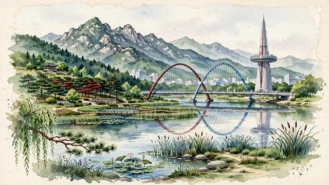 Watercolour of Daejeon, South Korea. Korea's premier science and technology hub surrounded by the Gyeryongsan mountain ridges and centered on the Gapcheon River and Expo Park, with Hanbit Tower and Expo Bridge.