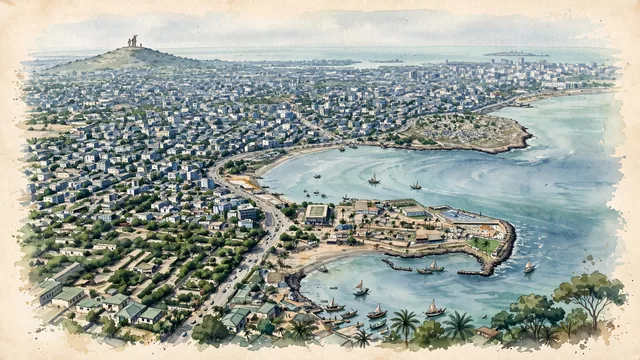 Watercolour of Dakar, Senegal. Broad view over the Cap-Vert Peninsula, with the Atlantic shoreline, the Plateau district, dense low-rise urban fabric. Featuring African Renaissance Monument.