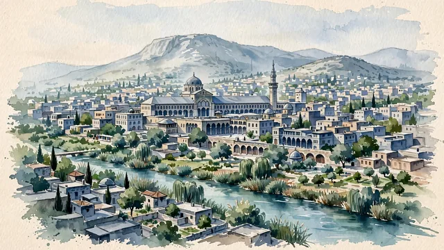 Watercolour of Damascus, Syria. Broad, believable view through the Barada oasis with the Old City, Mount Qasioun, and dense layered neighborhoods. Featuring Umayyad Mosque’s.