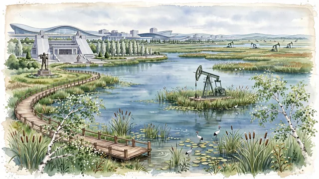 Watercolour of Daqing, China. On the Songnen Plain, China's "Oil Capital" and "City of a Hundred Lakes", with Liming Lake and Longfeng Wetland Nature Reserve.