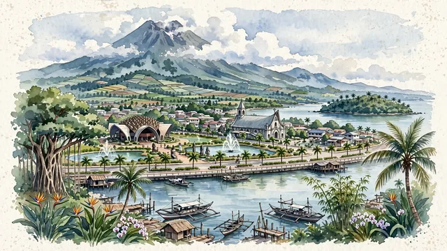 Watercolour of Davao, Philippines. Along Davao Gulf overlooked by the majestic peak of Mount Apo, with Mount Apo and People's Park.