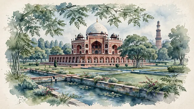 Watercolour of Delhi, India. Along the Yamuna River basin and the historic Delhi Ridge, the ancient city of seven historic capitals, with Humayun's Tomb and Qutub Minar.