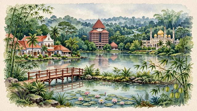 Watercolour of Depok, Indonesia. In the Greater Jakarta (Jabodetabek) metropolitan area along the Ciliwung River, the academic and heritage city home to Universitas Indonesia and historic Cornelis Chastelein colonial estates, with Universitas Indonesia and UI Rectorate Building.
