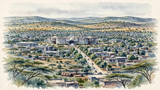 Watercolour of Dodoma, Tanzania. Broad, believable view of the low-rise capital across Tanzania’s dry central plateau, with Parliament.