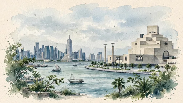 Watercolour of Doha, Qatar. Broad coastal view along the Corniche and the calm Arabian Gulf, with the city’s varied modern skyline set naturally behind it. Featuring Museum of Islamic Art.