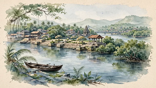 Watercolour of Dombivali, India. Along the Ulhas River estuary and creek wetlands in the Mumbai Metropolitan Region, with Reti Bunder and Ganesh Ghat.