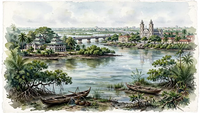 Watercolour of Douala, Cameroon. Along the Wouri River estuary, the economic capital and cultural heart of Cameroon, with Rois Bell and Cathedral of Saints Peter and Paul.