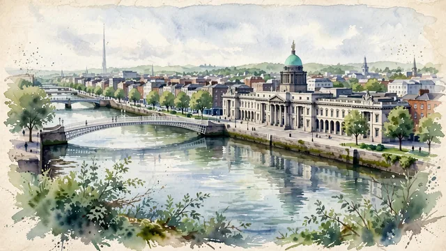 Watercolour of Dublin, Ireland. Broad, natural view across the low-rise city and the River Liffey under soft Atlantic light, with Custom House.