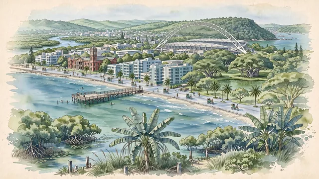Watercolour of Durban, South Africa. Along the Indian Ocean's Golden Mile and Moses Mabhida Stadium, with Moses Mabhida Stadium and Golden Mile.