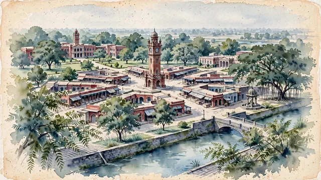 Watercolour of Faisalabad, Pakistan. Centered on its iconic Victorian Clock Tower (Ghanta Ghar) and eight radiating colonial bazaars, with Victorian-Gothic Ghanta Ghar and University of Agriculture Faisalabad.