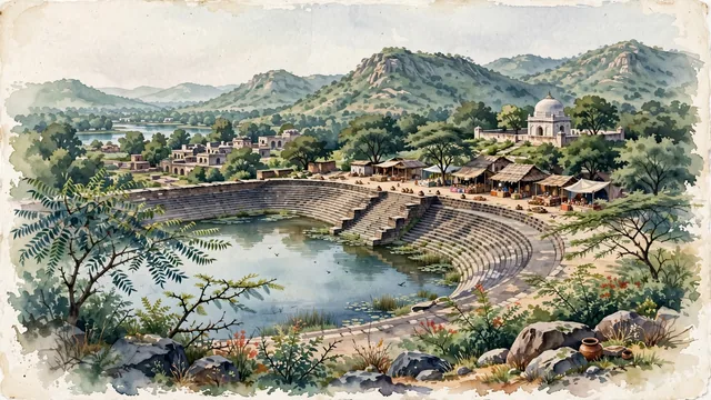 Watercolour of Faridabad, India. Centered on the ancient 10th-century sun reservoir of Surajkund and the rocky Aravalli hills, with Surajkund and Surajkund Crafts Mela.
