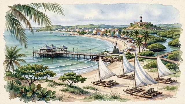 Watercolour of Fortaleza, Brazil. Along Meireles and Iracema beaches with the Mucuripe inlet and jangada fishing rafts. Featuring Ponte dos Ingleses and Statue of Iracema Guardiã.