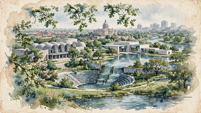 Watercolour of Fort Worth, United States. Centered on the Cultural District museums, the Trinity River trails, and the Fort Worth Water Gardens, with Kimbell Art Museum and Modern Art Museum of Fort Worth.