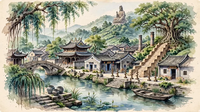 Watercolour of Foshan, China. The historic cradle of Lingnan culture, Cantonese martial arts, and Shiwan ceramics in the Pearl River Delta, with Foshan Ancestral Temple and Ancient Nanfeng Kiln.