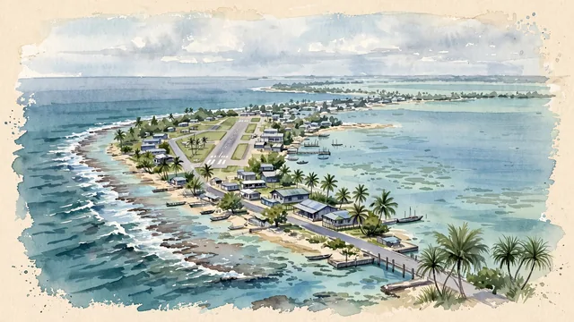 Watercolour of Funafuti, Tuvalu. Broad, intimate view of the very low, narrow Fongafale strip between the lagoon and ocean, with Te Namo.