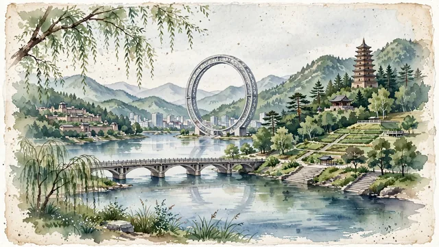 Watercolour of Fushun, China. Along the Hunhe River, the cradle of the Qing Dynasty (Nurhaci's Hetu Ala) and the monumental Ring of Life, with Ring of Life and Hunhe River.