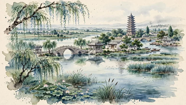 Watercolour of Fuyang, China. On the Huaibei Plain along the Yinghe River, the ancient city of Ouyang Xiu and Su Shi's West Lake of Yingzhou, with Ming Dynasty Wenfeng Pagoda and Yingzhou West Lake.