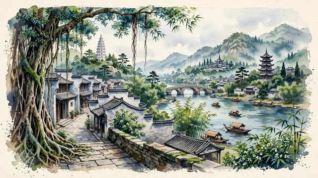 Watercolour of Fuzhou (Fujian), China. Fuzhou along the Min River (Minjiang) and the historic Three Lanes and Seven Alleys (Sanfang Qixiang), the "City of Banyans" backed by Mount Gu, with Sanfang Qixiang and White Pagoda.